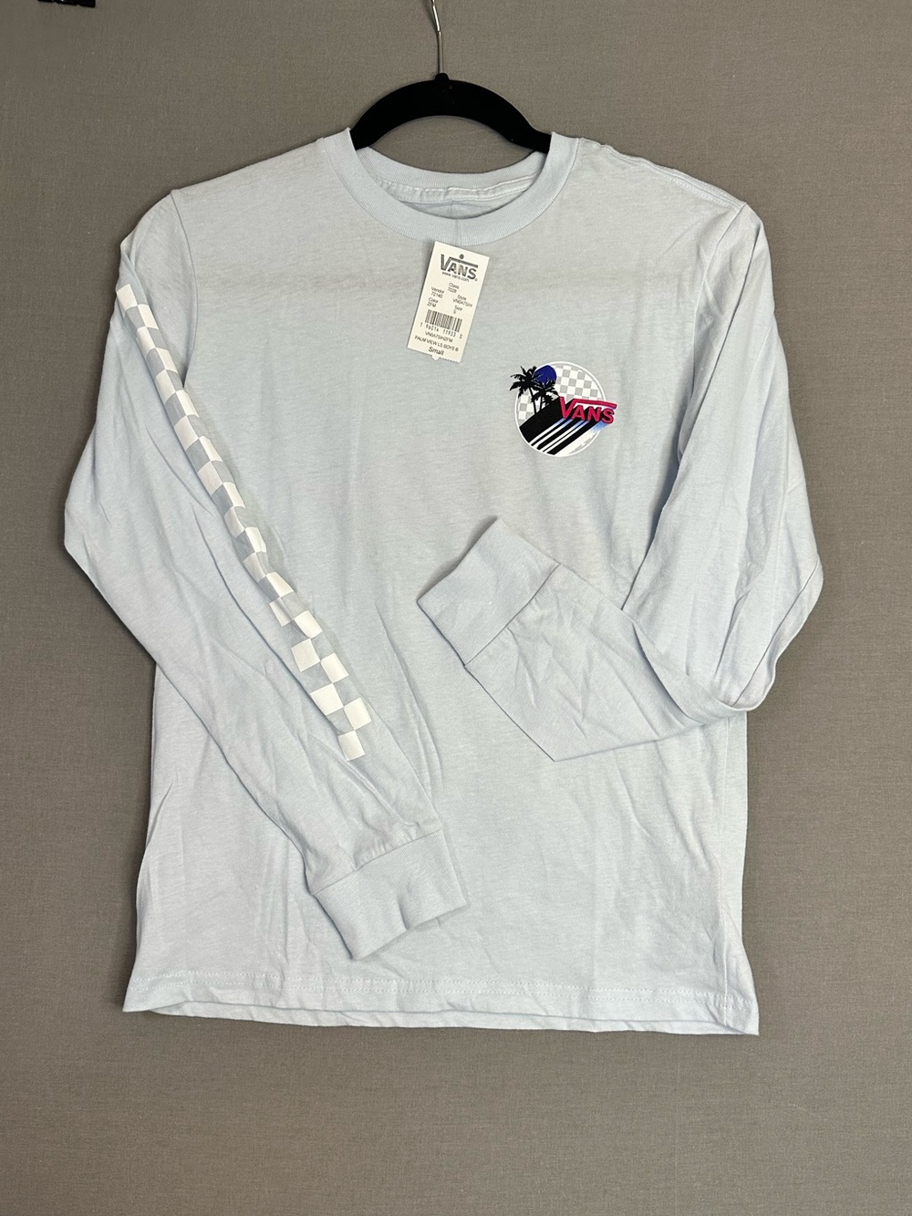 Vans Light Blue Long Sleeve Checker Stripe Graphic Tee Sz S/8-10